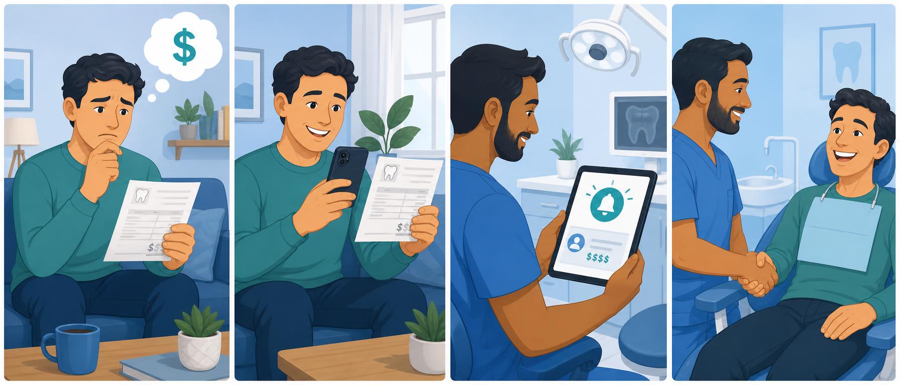 Four-panel comic showing a patient with an expensive estimate, uploading it to ToothSnap, a dentist receiving an alert, and the patient getting care