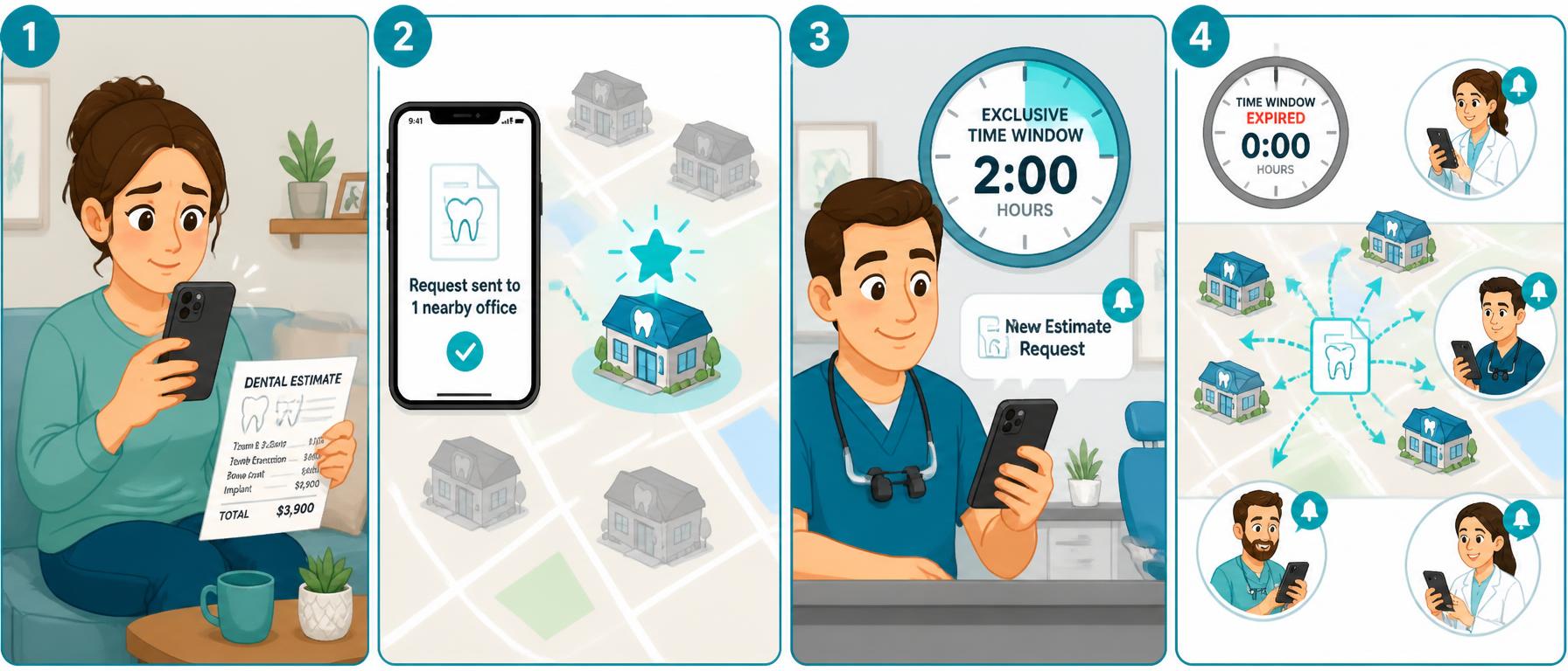 Four-panel comic: a patient snaps a photo of a dental estimate, the request is sent to one nearby office exclusively, that office gets a two-hour countdown to claim it, and after the window expires the request opens to surrounding offices.