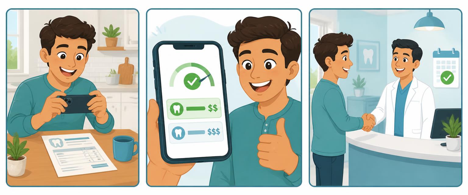 Three-panel comic: a patient snaps a photo of their dental estimate, sees a fair-price comparison with a green checkmark, and meets a nearby dentist for a second opinion.